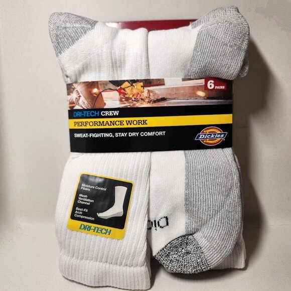 NEW Dickies Men's Dri-Tech Moisture Control Crew Socks 6 Pack Size XL White - Picture 2 of 11